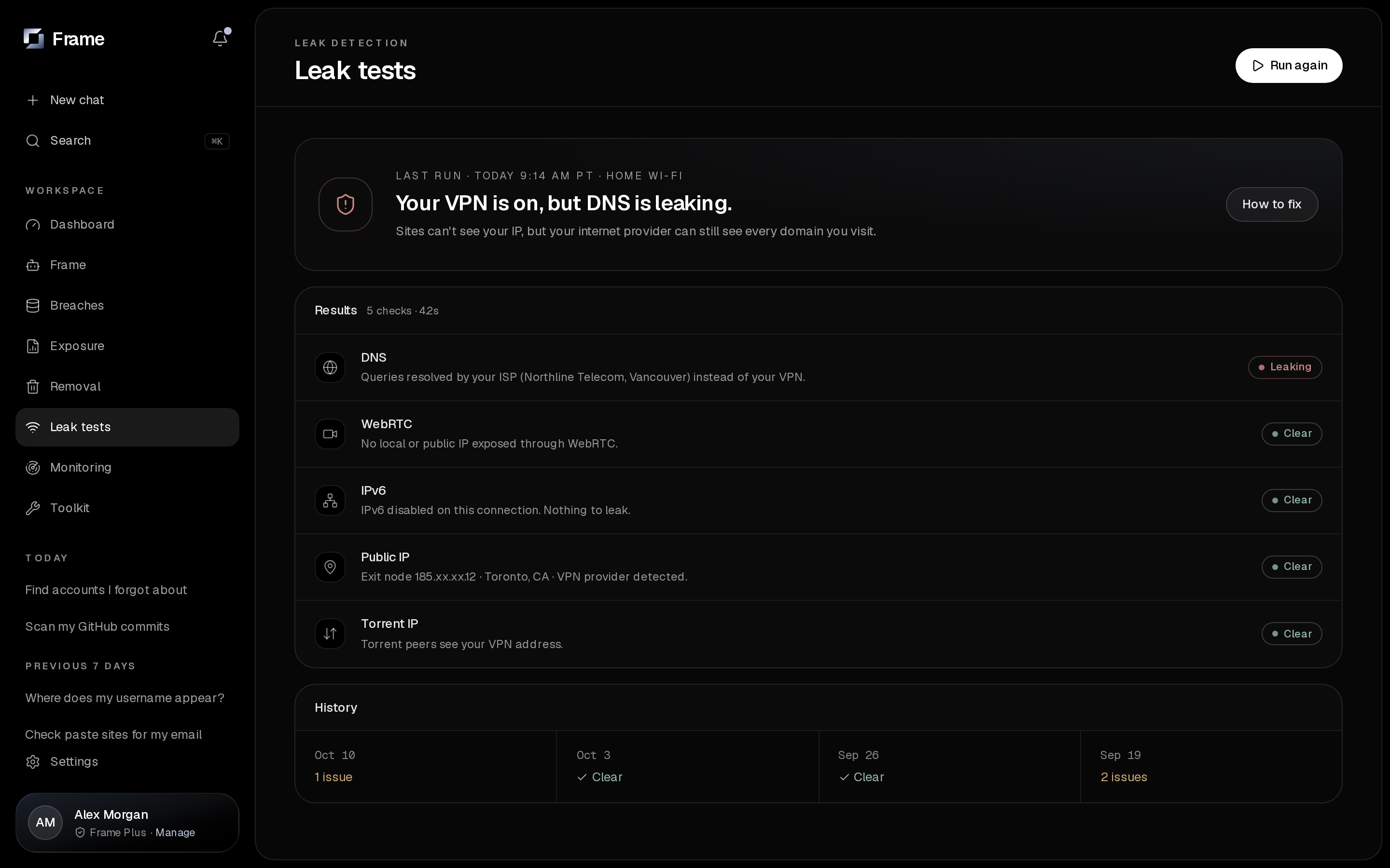 Frame Leak Detection screen