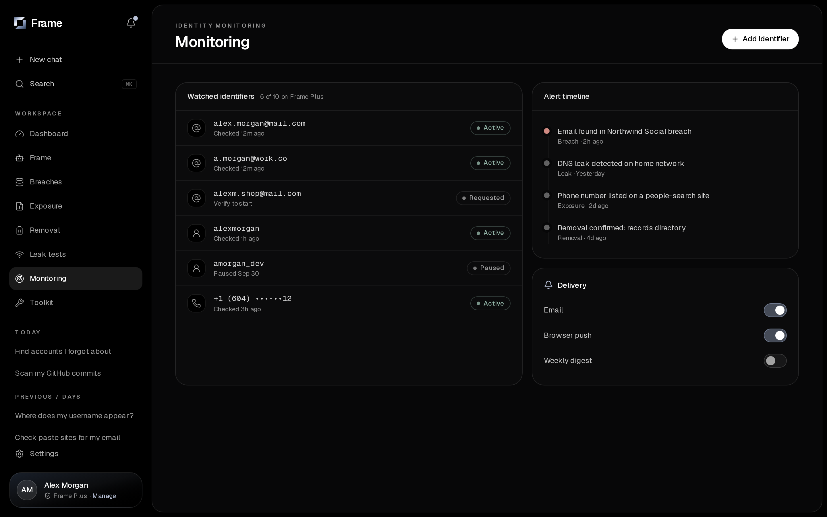 Frame Identity Monitoring screen