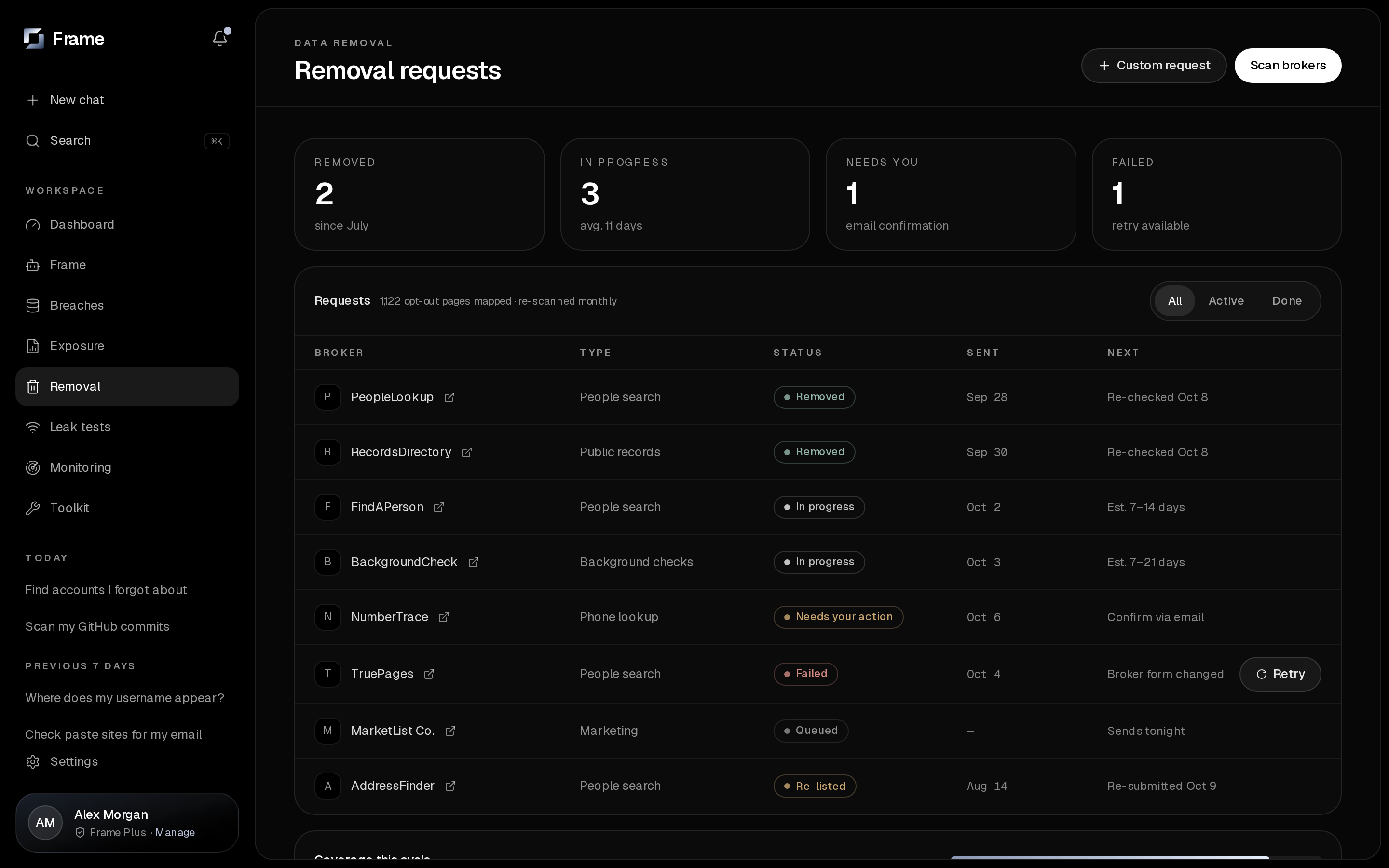 Frame Data Removal screen