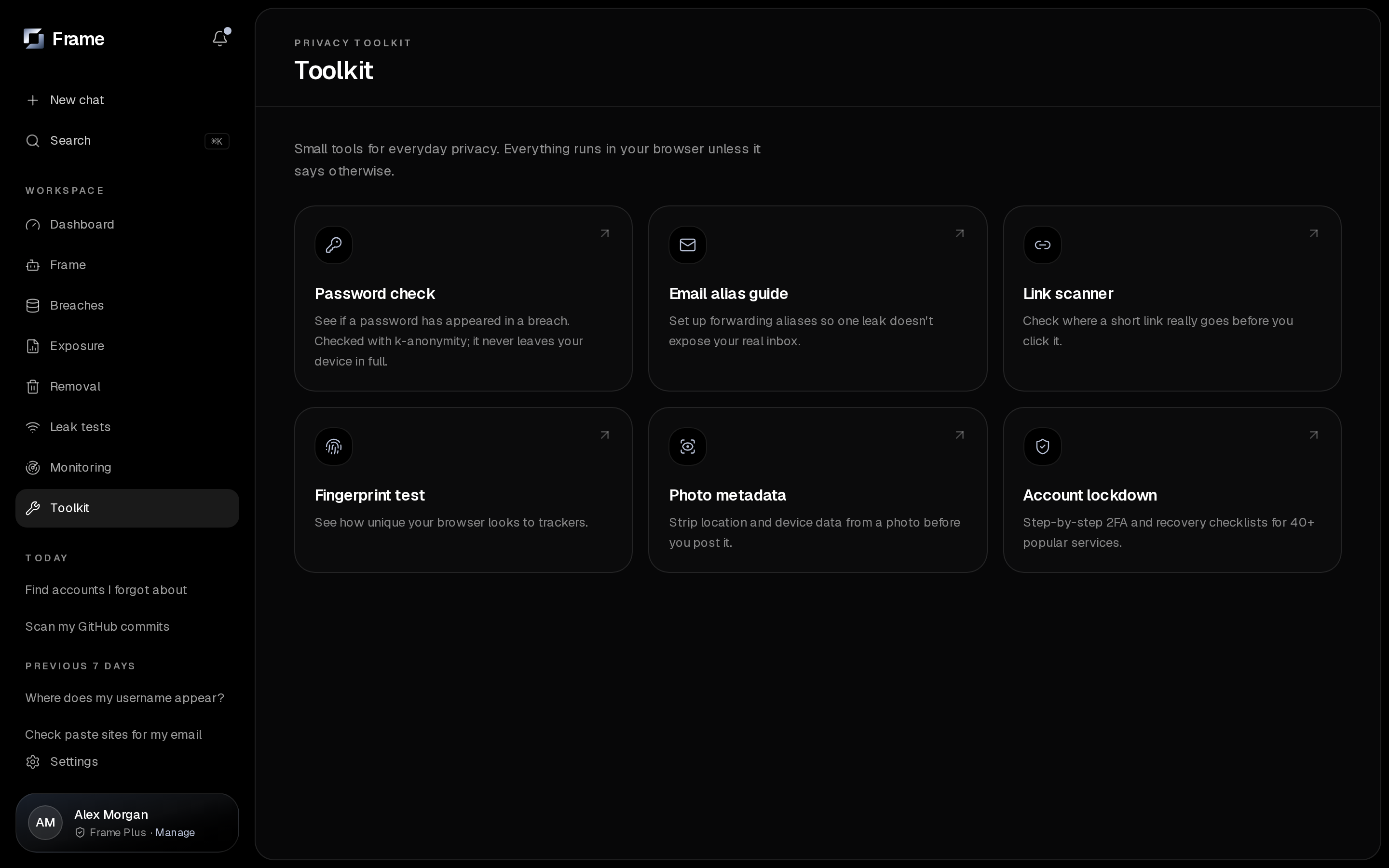 Frame Privacy Toolkit screen